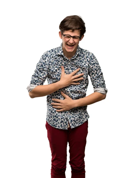 Teenager Man Flower Shirt Glasses Smiling Lot Isolated White Background — Stock Photo, Image