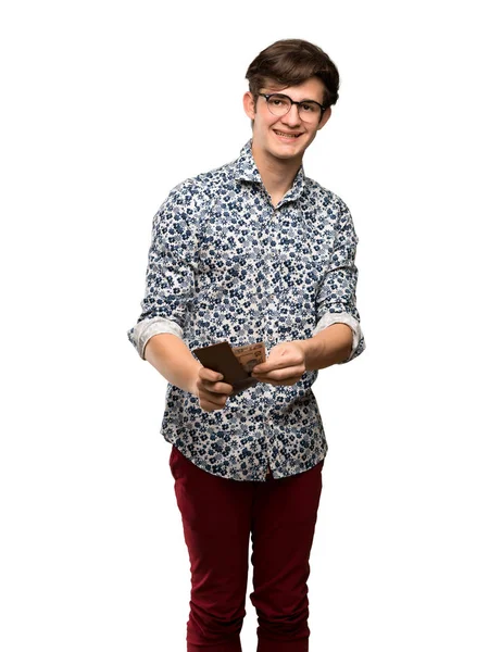 Homme Adolescent Avec Chemise Fleurs Lunettes Tenant Portefeuille Sur Fond — Photo