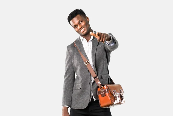 African american business man traveling with suitcases points fi — Stock Photo, Image