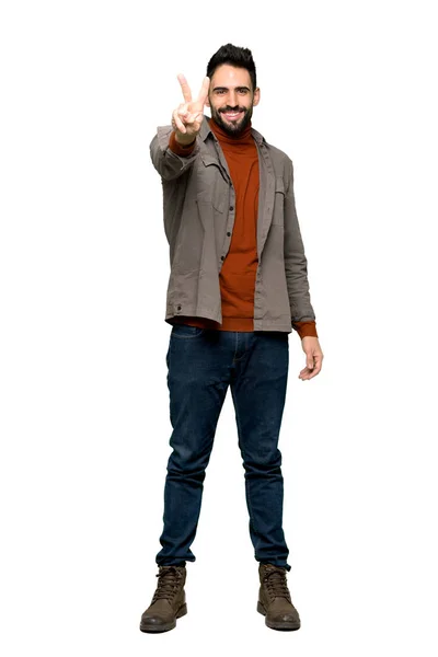 Full Length Shot Handsome Man Beard Smiling Showing Victory Sign — Stock Photo, Image