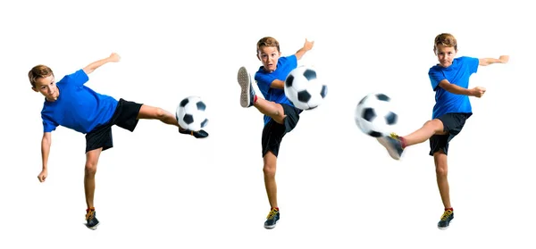 Conjunto Menino Jogando Futebol Chutando Bola — Fotografia de Stock