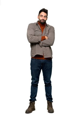 Tam uzunlukta sakal yapma şüpheler jest omuz izole beyaz arka plan üzerinde kaldırma sırasında yakışıklı adamla kadeh