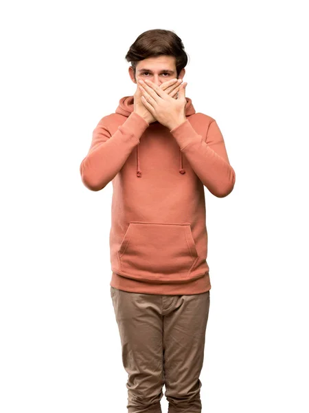 Adolescente Homem Com Camisola Cobrindo Boca Com Mãos Para Dizer — Fotografia de Stock