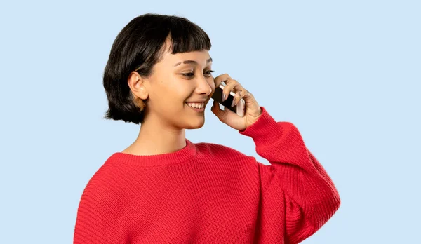 Short Hair Girl Red Sweater Keeping Conversation Mobile Phone Isolated — Stock Photo, Image