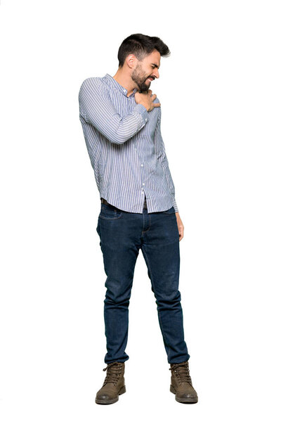 Full-length shot of Elegant man with shirt suffering from pain in shoulder for having made an effort on isolated white background