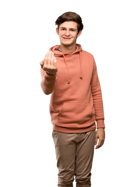 Adolescente Com Camisola Convidando Para Vir Com Mão Feliz Que — Fotografia de Stock