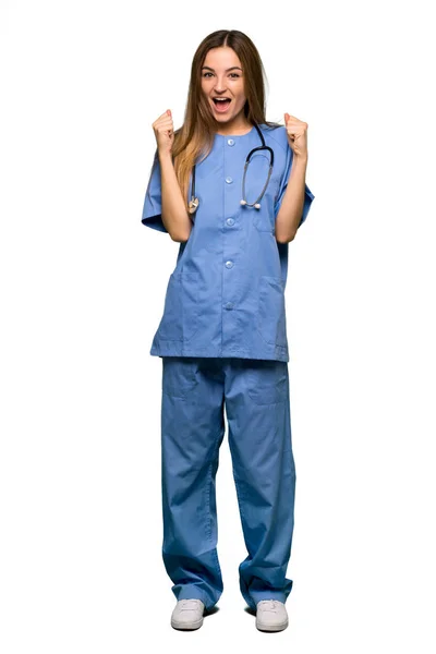 Corpo Inteiro Jovem Enfermeira Comemorando Uma Vitória Posição Vencedor Fundo — Fotografia de Stock