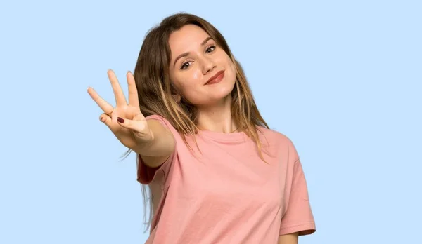 Nastolatek Dziewczyna Różowy Sweter Szczęśliwy Liczenia Trzy Palce Białym Tle — Zdjęcie stockowe
