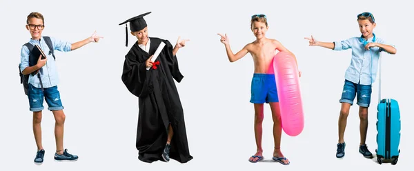 Set Student Traveller Kid Pointing Finger Side Presenting Product — Stock Photo, Image