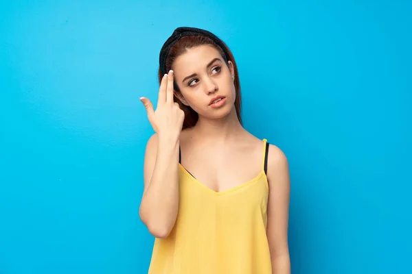 Young Redhead Woman Blue Background Problems Making Suicide Gesture — Stock Photo, Image