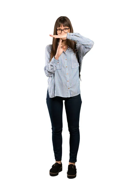 Kadın Tam Uzunlukta Atış Zaman Aşımı Jest Yapma Gözlüklü — Stok fotoğraf