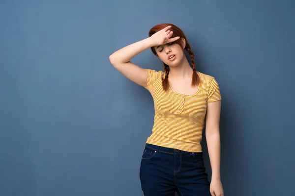 Young Redhead Woman Blue Background Tired Sick Expression — Stock Photo, Image