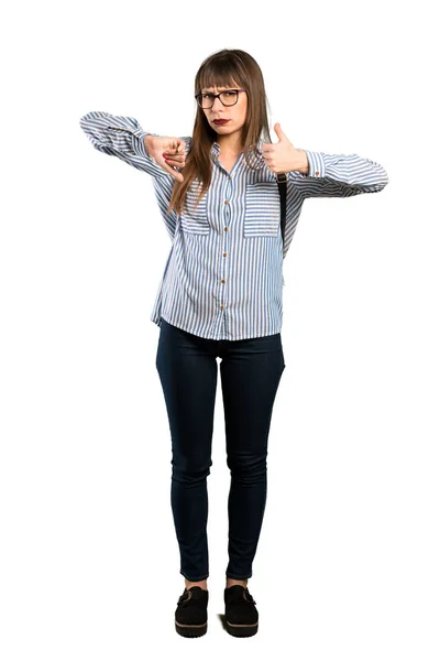 Full Length Shot Woman Glasses Making Good Bad Sign Undecided — Stock Photo, Image