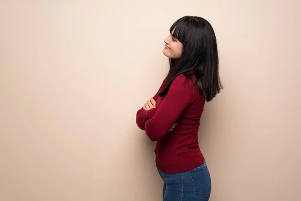 Young Woman Red Turtleneck Lateral Position — Stock Photo, Image