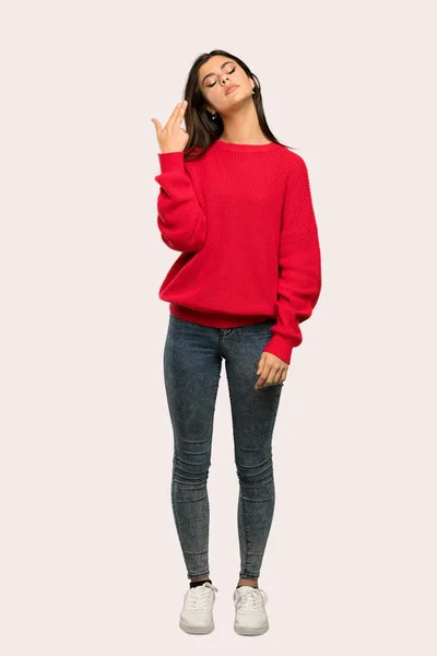 Full Length Shot Teenager Girl Red Sweater Problems Making Suicide — Stock Photo, Image