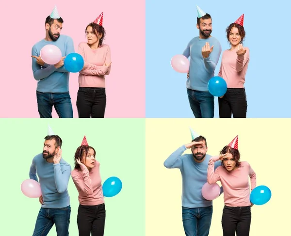 Set of couple with balloons and birthday hats presenting, showing and listening