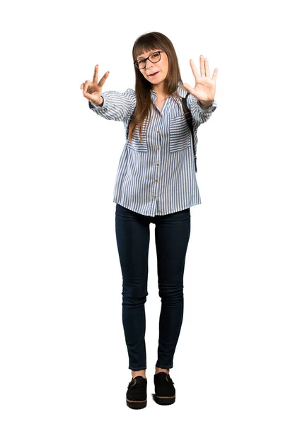 Full Length Shot Woman Glasses Counting Seven Fingers Stock Image