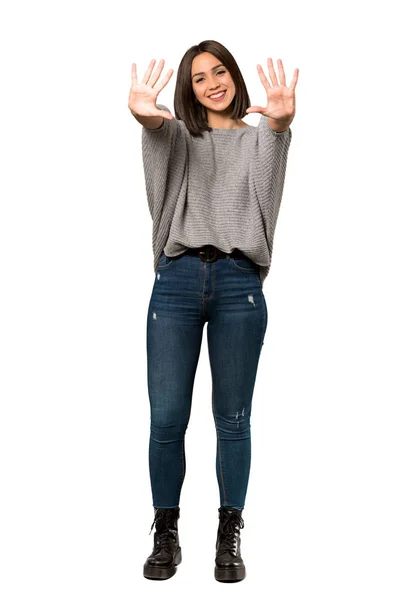 Full Length Shot Young Woman Counting Ten Fingers Isolated White — Stock Photo, Image