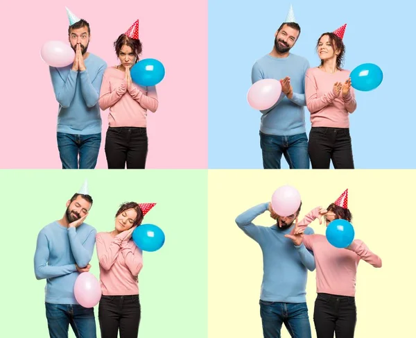 Conjunto Pareja Con Globos Sombreros Cumpleaños Aplaudiendo Suplicando Durmiendo —  Fotos de Stock