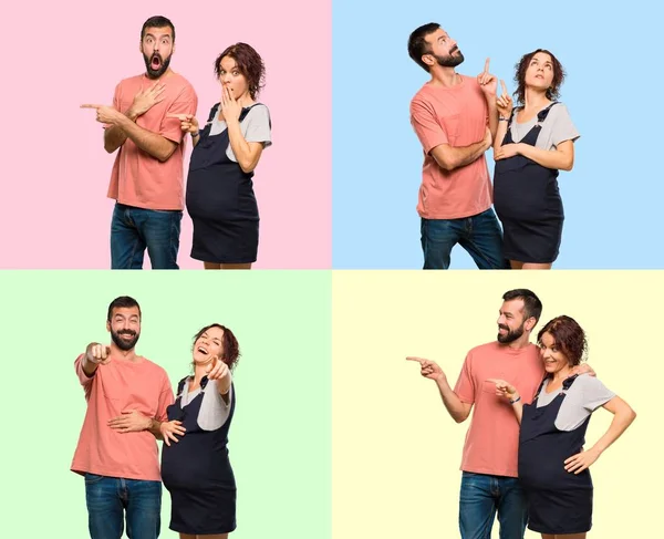 Set Couple Pregnant Woman Pointing Lateral Front — Stock Photo, Image