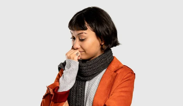 Short Hair Woman Coat Having Doubts Isolated Grey Background — Stock Photo, Image