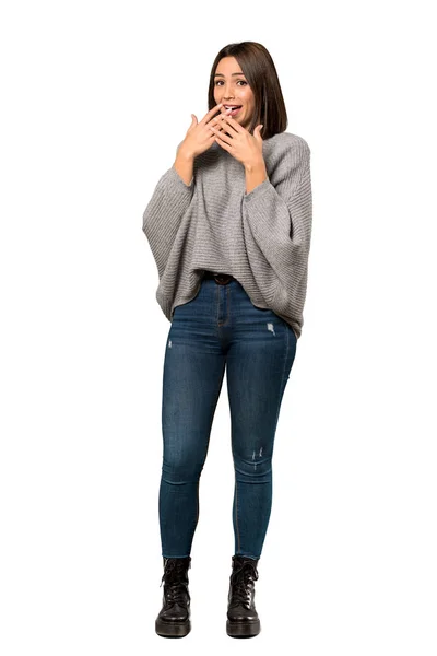 Full Length Shot Young Woman Nervous Scared Putting Hands Mouth — Stock Photo, Image