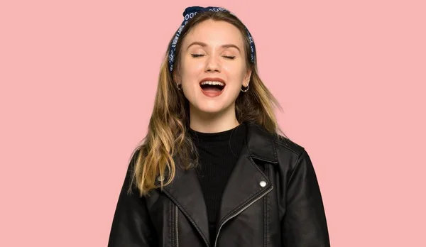 Teenager Girl Leather Jacket Shouting Front Mouth Wide Open Isolated — Stock Photo, Image