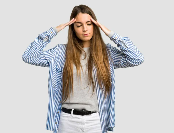 Young Girl Striped Shirt Unhappy Frustrated Something Isolated Grey Background — Stock Photo, Image