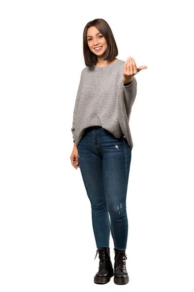 Uma Foto Completa Uma Jovem Convidando Para Vir Com Mão — Fotografia de Stock
