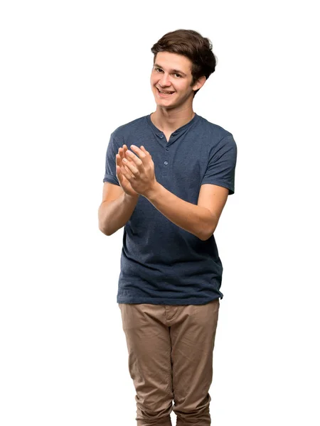 Adolescente Homem Aplaudindo Após Apresentação Uma Conferência Sobre Fundo Branco — Fotografia de Stock