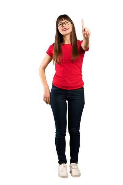 Tiro Comprimento Total Mulher Com Óculos Mostrando Levantando Dedo Sinal — Fotografia de Stock