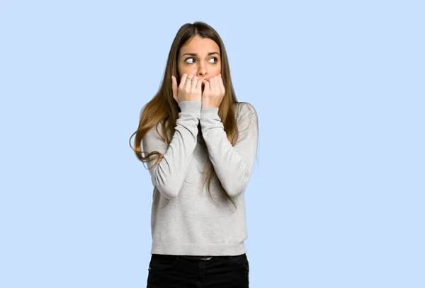 Young Girl Little Bit Nervous Scared Putting Hands Mouth Blue — Stock Photo, Image