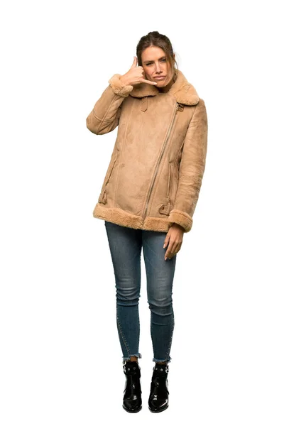 Full Length Shot Blonde Woman Coat Making Phone Gesture Doubting — Stock Photo, Image