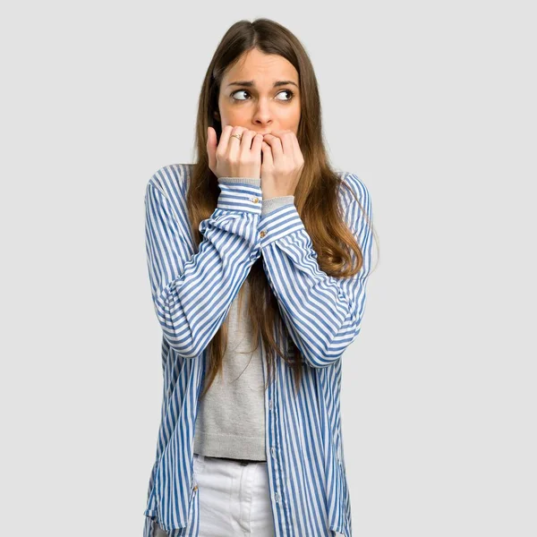 Young Girl Striped Shirt Little Bit Nervous Scared Putting Hands — Stock Photo, Image
