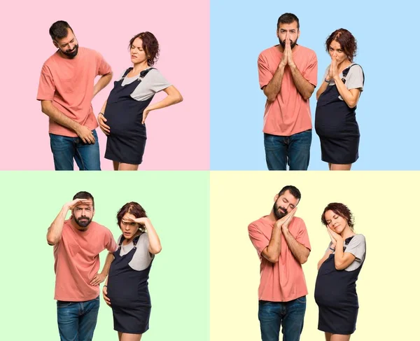 Set Couple Pregnant Woman Keeps Palm Together Pain Looking Far — Stock Photo, Image