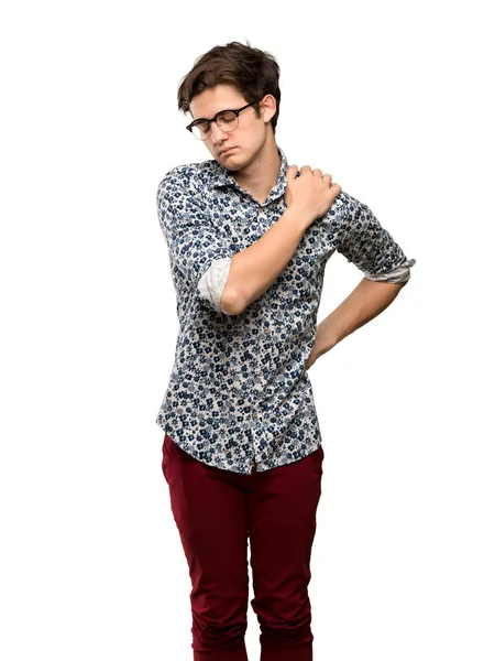 Teenager Man Flower Shirt Glasses Suffering Pain Shoulder Having Made — Stock Photo, Image