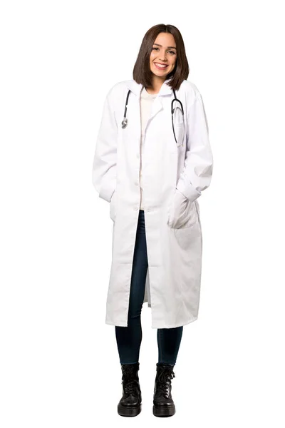 Full Length Shot Young Doctor Woman Smiling Isolated White Background — Stock Photo, Image