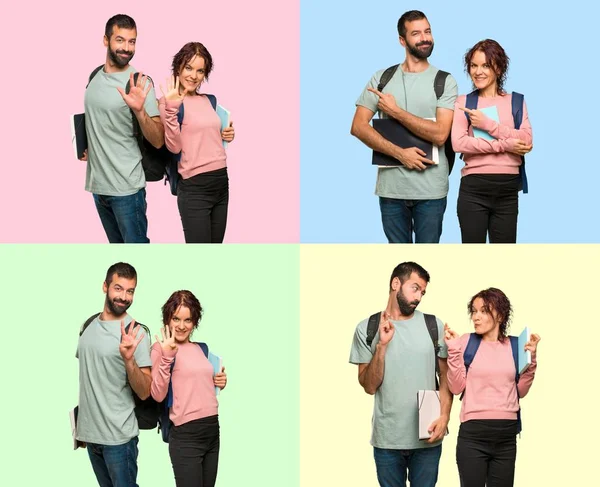 Conjunto Dos Estudiantes Con Mochilas Libros Apuntando Hacia Lado Cruzando — Foto de Stock