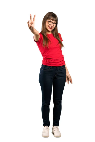 Stock image Full-length shot of Woman with glasses smiling and showing victory sign