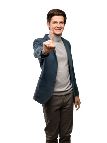 Adolescente Homem Com Gola Alta Mostrando Levantando Dedo Sobre Fundo — Fotografia de Stock