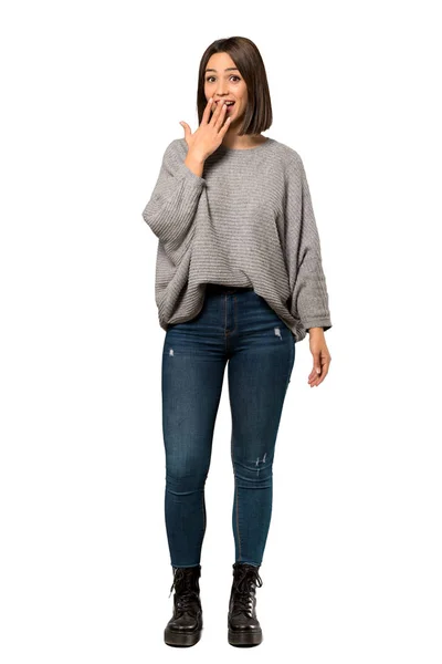 Full Length Shot Young Woman Shocked Facial Expression Isolated White — Stock Photo, Image
