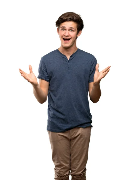 Homme Adolescent Avec Expression Faciale Choquée Sur Fond Blanc Isolé — Photo