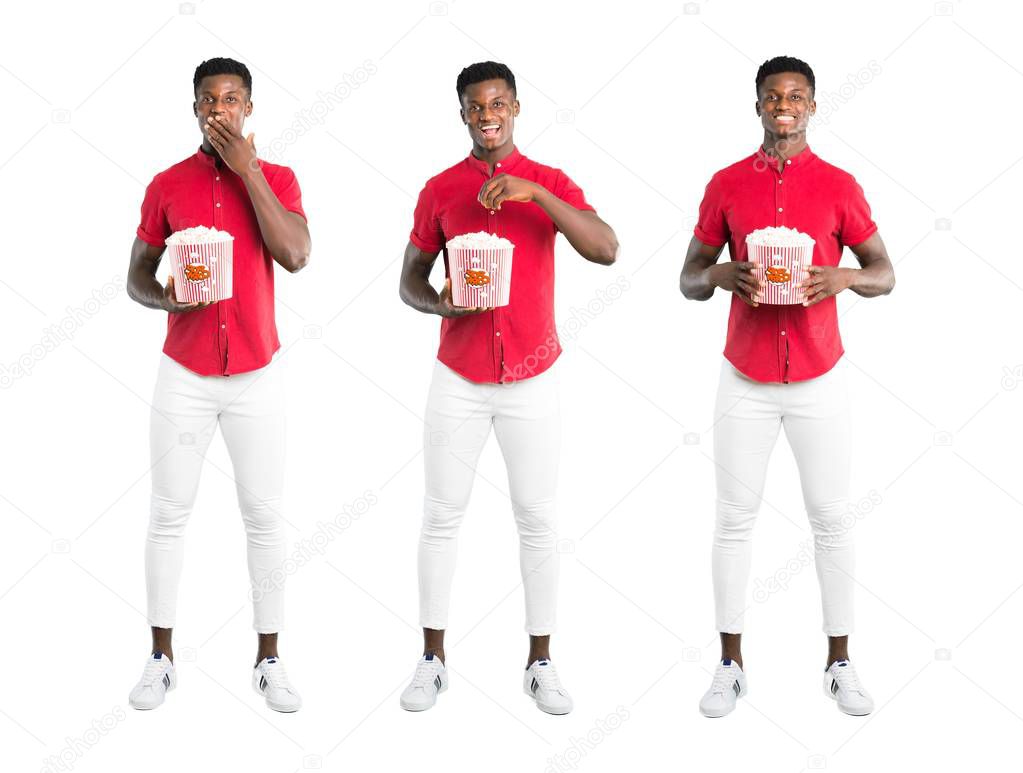 Set of Young african american man eating popcorns in a big bowl