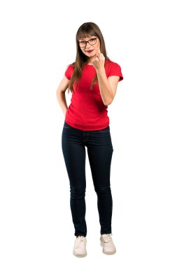 Kadın el ile gelmek davet gözlüklü bir tam uzunlukta kadeh. Mutlu sen geldin