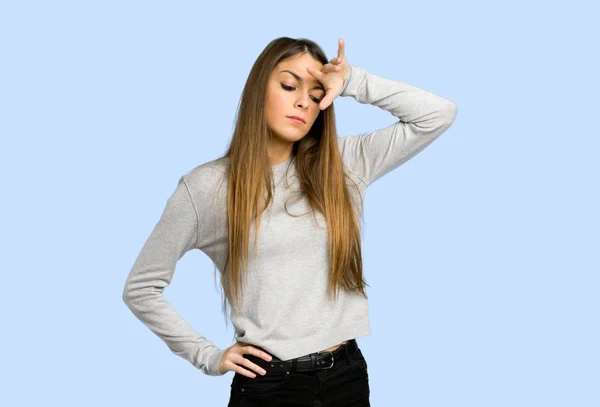 Young Girl Tired Sick Expression Blue Background — Stock Photo, Image