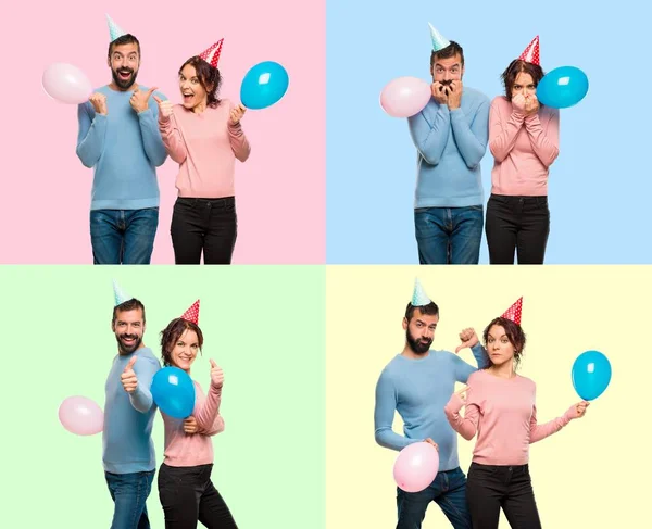 Set Couple Balloons Birthday Hats Little Bit Nervous Thumbs — Stock Photo, Image