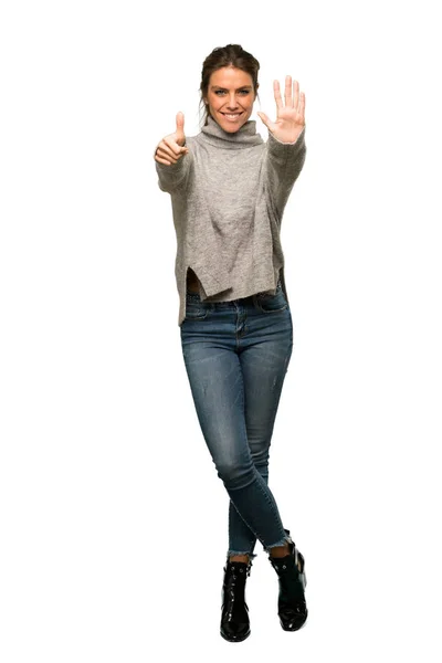 Full Length Shot Blonde Woman Turtleneck Counting Six Fingers Isolated — Stock Photo, Image