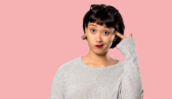 Young Woman Short Hair Making Gesture Madness Putting Finger Head — Stock Photo, Image