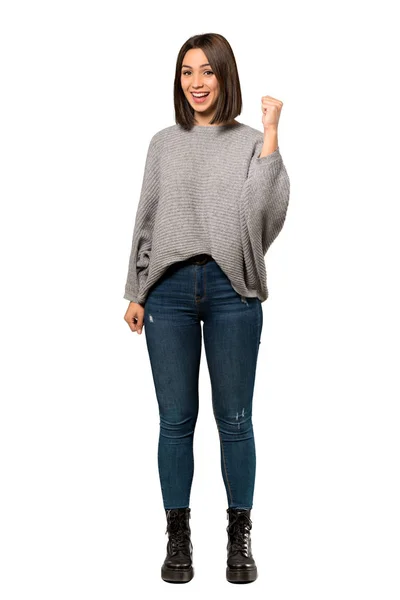 Full Length Shot Young Woman Celebrating Victory Winner Position Isolated — Stock Photo, Image