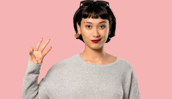 Young Woman Short Hair Happy Counting Three Fingers Isolated Pink — Stock Photo, Image